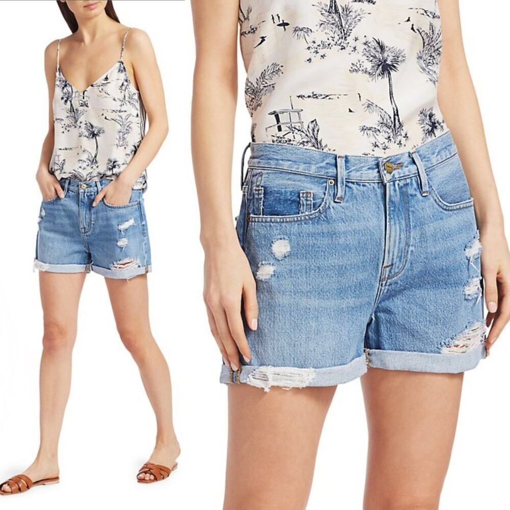 FRAME Le Beau Distressed Roll Up High-Rise Denim Shorts
